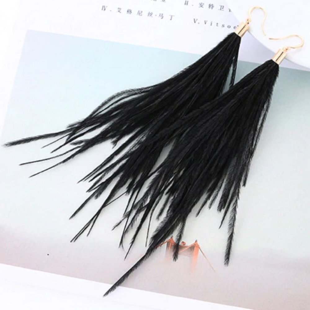Feather earrings fashion jewelry black yellow gold brand new long dangle drop